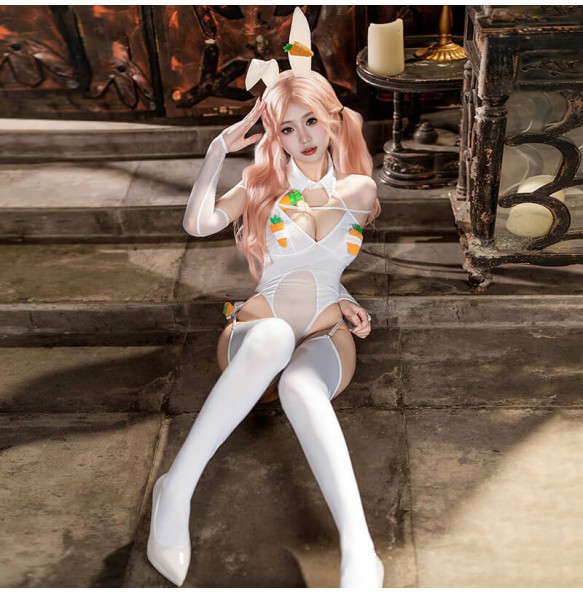 FEE ET MOI - Playful Bunny Bodysuit Set With Carrot Vibrating Egg (White)